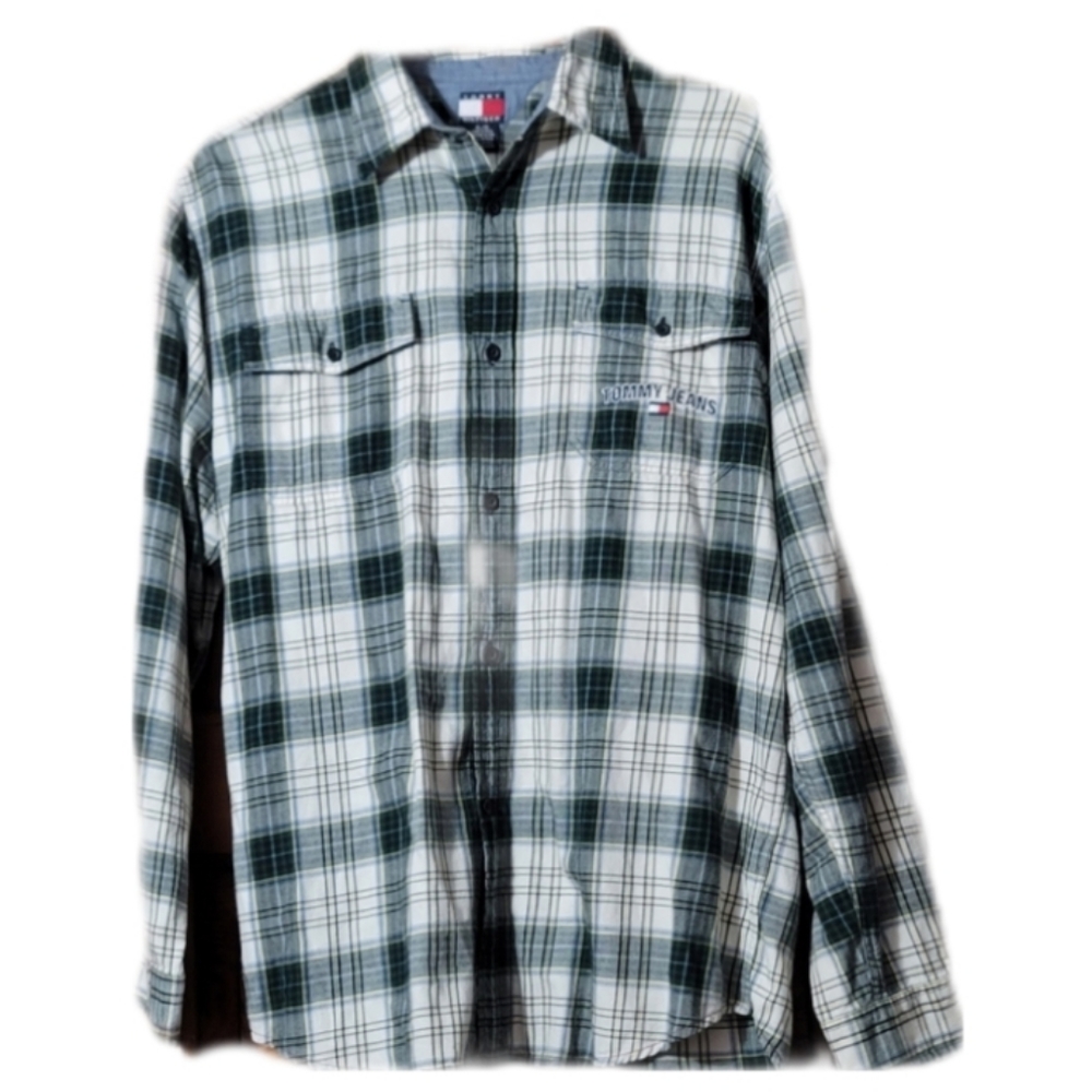 Tommy Hilfiger Vintage Spell Out Button Down Men's Shirt Size XL Green Plaid